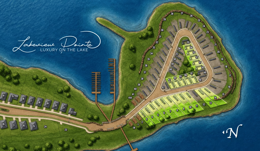 Alt text: "Illustrated map of Lakeview Pointe, a lakeside luxury residential development. It features homes arranged in a loop surrounded by water, with docks extending into the lake. Green lawns and trees dot the landscape, evoking a serene and upscale environment."