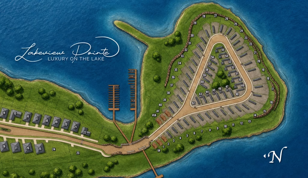 Illustrated map of Lakeview Pointe, a lakeside luxury residential development. It features homes arranged in a loop surrounded by water, with docks extending into the lake. Green lawns and trees dot the landscape, evoking a serene and upscale environment."